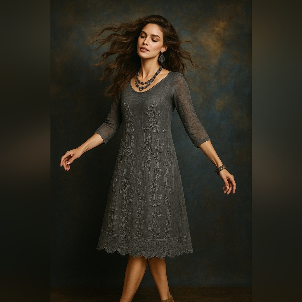Soft Surroundings Women's Gray Burnout Lace Dress Medium NWT Embroidered Boho